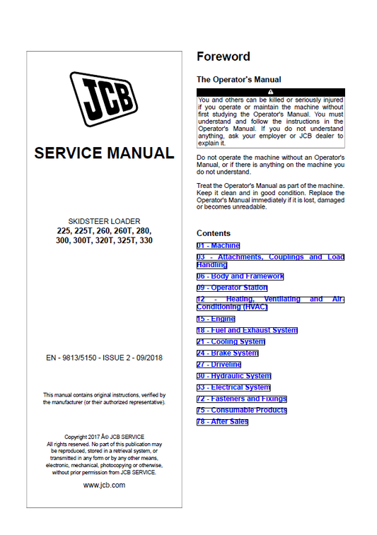 Manual de Reparación Minicargador JCB 225, 225T, 260, 260T, 280, 300, 300T, 320T, 325T, 330