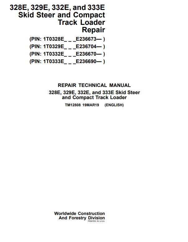 Manual de Reparación Minicargador John Deere 328E, 329E, 332E, 333E