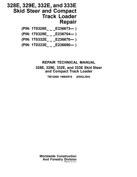 Manual de Reparación Minicargador John Deere 328E, 329E, 332E, 333E
