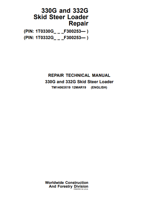 Manual de Reparación Minicargador John Deere 330G - 332G