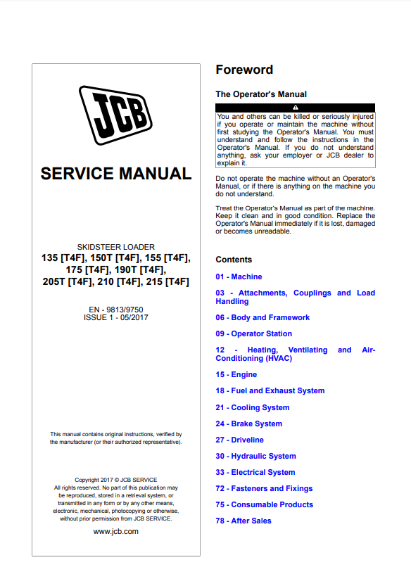 Manual de Reparación Minicargadores JCB 135, 150T, 155, 175, 190T, 205T, 210, 215