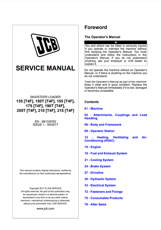 Manual de Reparación Minicargadores JCB 135, 150T, 155, 175, 190T, 205T, 210, 215