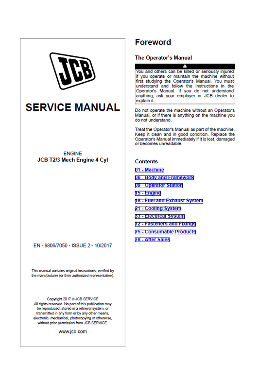 Manual de Reparación Motor Mecánico JCB T2-3 de 4 Cilindros