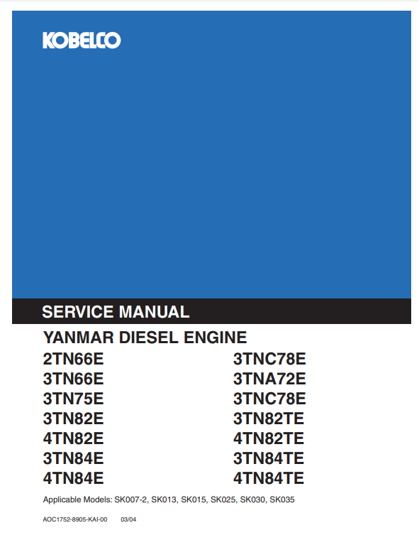 Manual de Reparación Motor Yanmar 2T, 3T, 4T Series Diesel ( productos relacionados Kobelco)