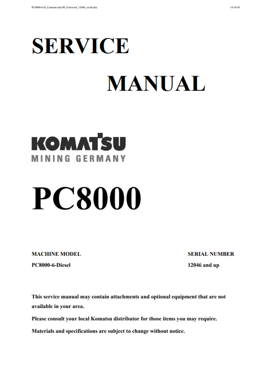 Manual de Reparación Pala Minera Komatsu PC8000-6