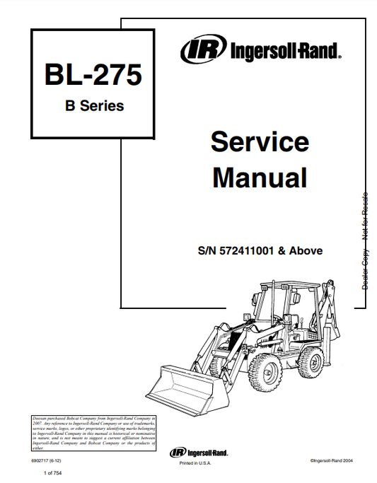 Manual de Reparación Retroexcavadora Bobcat BL275 Serie B