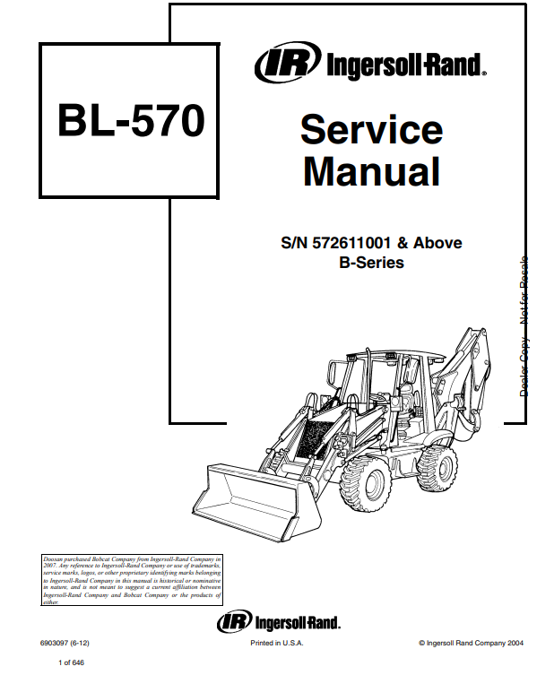 Manual de Reparación Retroexcavadora Bobcat- Ingersoll Rand BL570 Serie B