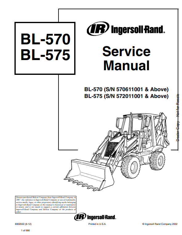 Manual de Reparación Retroexcavadora Bobcat - Ingersoll Rand  BL570, BL575