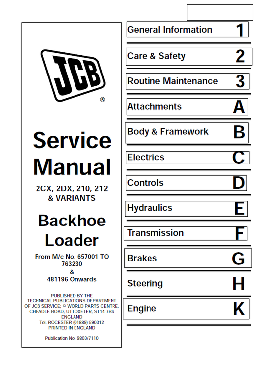 Manual de Servicios Retroexcavadora JCB 2CX, 2DX, 210, 212 y Variantes