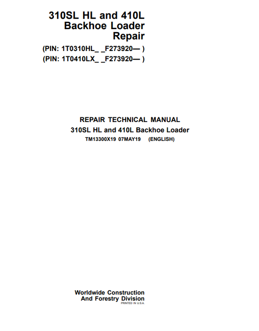 Manual de Reparación Retroexcavadora John Deere 310SL HL - 410L