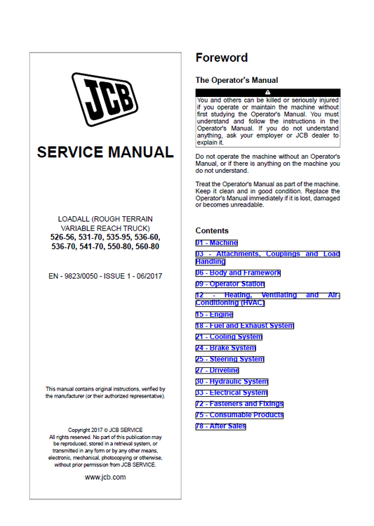 Manual de Reparación Telehandler JCB 526-56, 531-70, 535-95, 536-60,536-70, 541-70, 550-80, 560-80