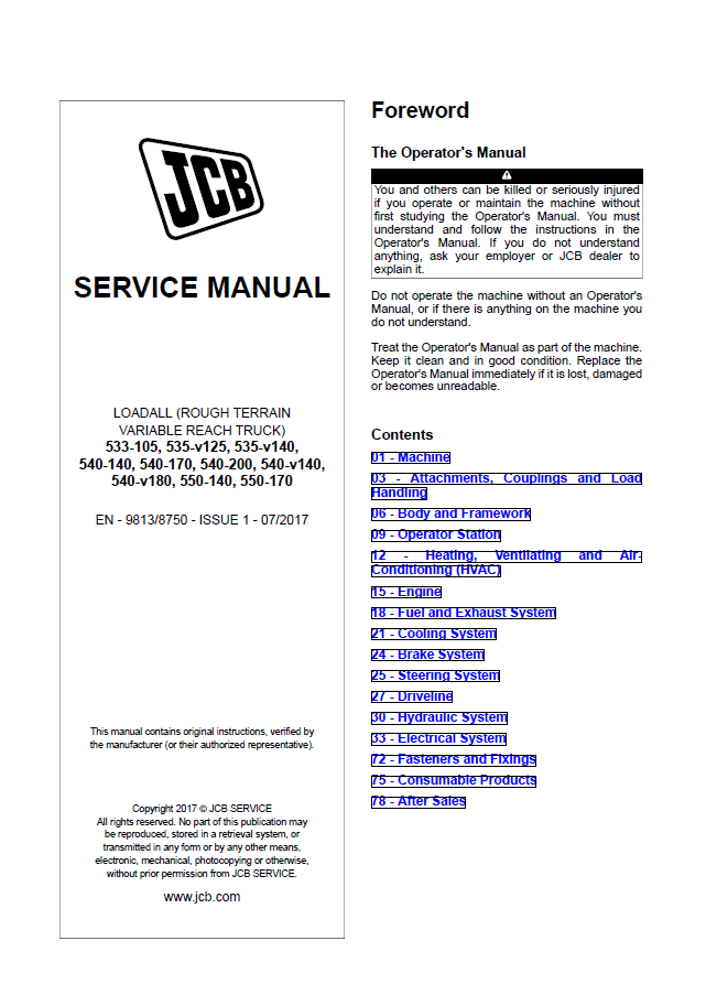 Manual de Reparación Telehandler JCB 533-105, 535-v125, 535-v140,540-140, 540-170, 540-200, 540-v140,540-v180, 550-140, 550-170