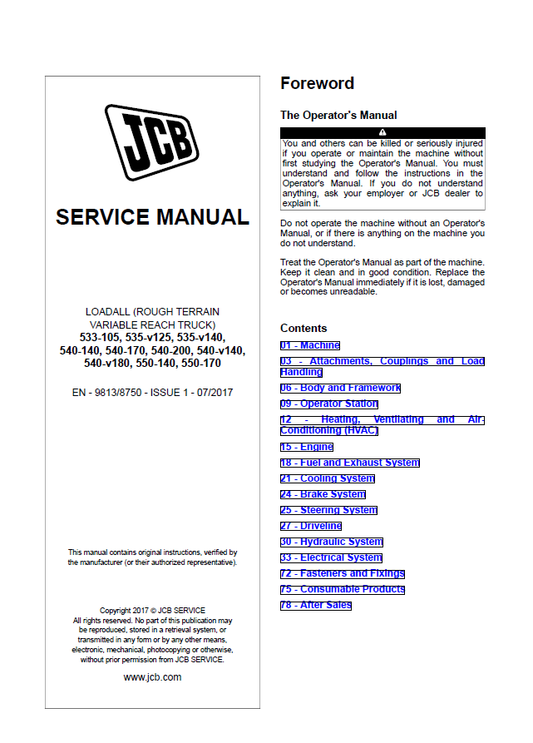 Manual de Reparación Telehandler JCB 533-105, 535-v125, 535-v140,540-140, 540-170, 540-200, 540-v140,540-v180, 550-140, 550-170