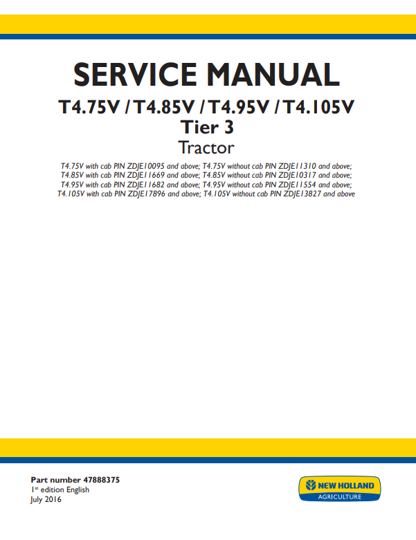 Manual de Reparación Tractor New Holland T4.75V, T4.85V, T4.95V, T4.105V Tier 3