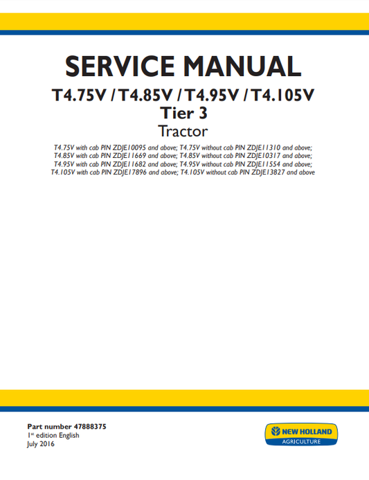 Manual de Reparación Tractor New Holland T4.75V, T4.85V, T4.95V, T4.105V Tier 3