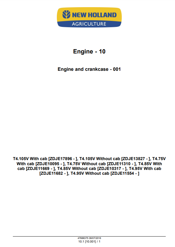 Manual de Reparación Tractor New Holland T4.75V, T4.85V, T4.95V, T4.105V Tier 3