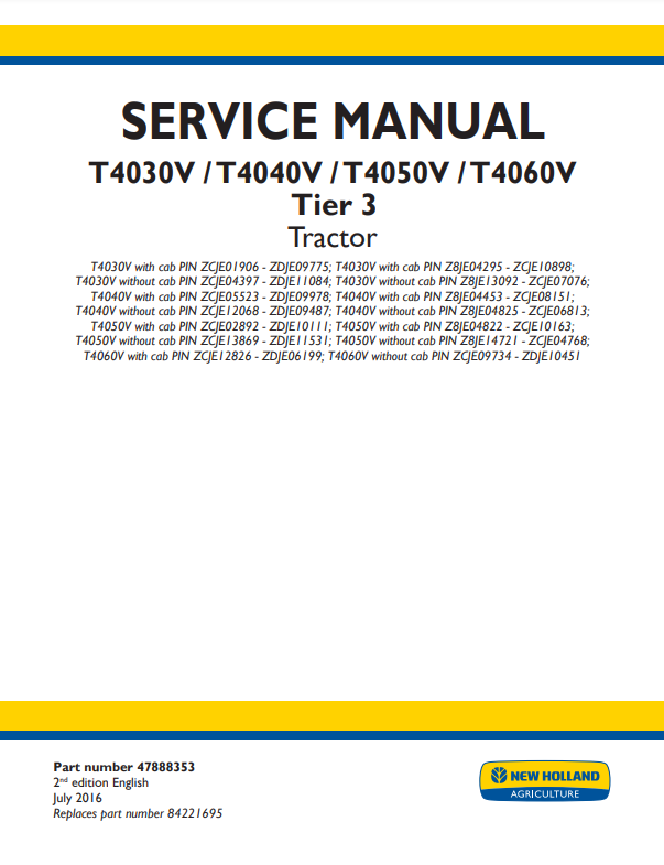 Manual de Reparación Tractor New Holland T4030V, T4040V, T4050V, T4060V Tier 3
