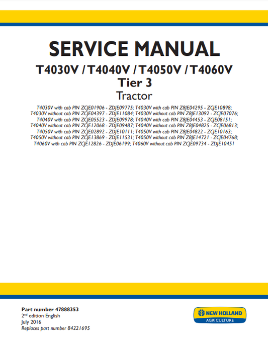Manual de Reparación Tractor New Holland T4030V, T4040V, T4050V, T4060V Tier 3
