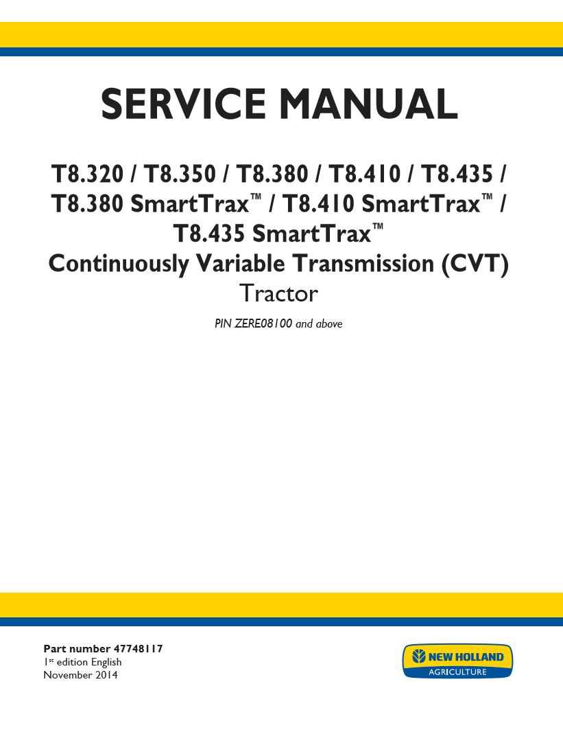 Manual de Reparación Tractor New Holland T8.320, T8.350, T8.380, T8.410, T8.435