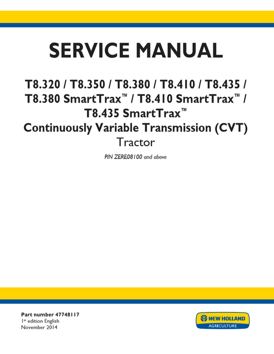 Manual de Reparación Tractor New Holland T8.320, T8.350, T8.380, T8.410, T8.435