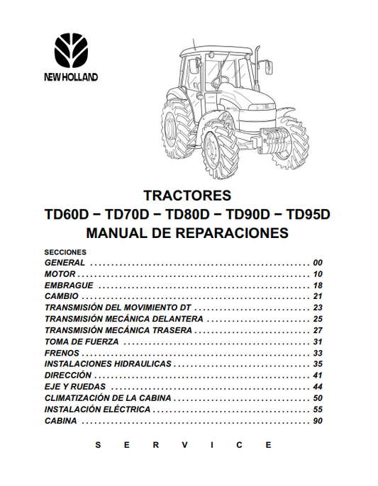 Manual de Reparación Tractor New Holland TD60D, TD70D, TD80D, TD90D, TD95D