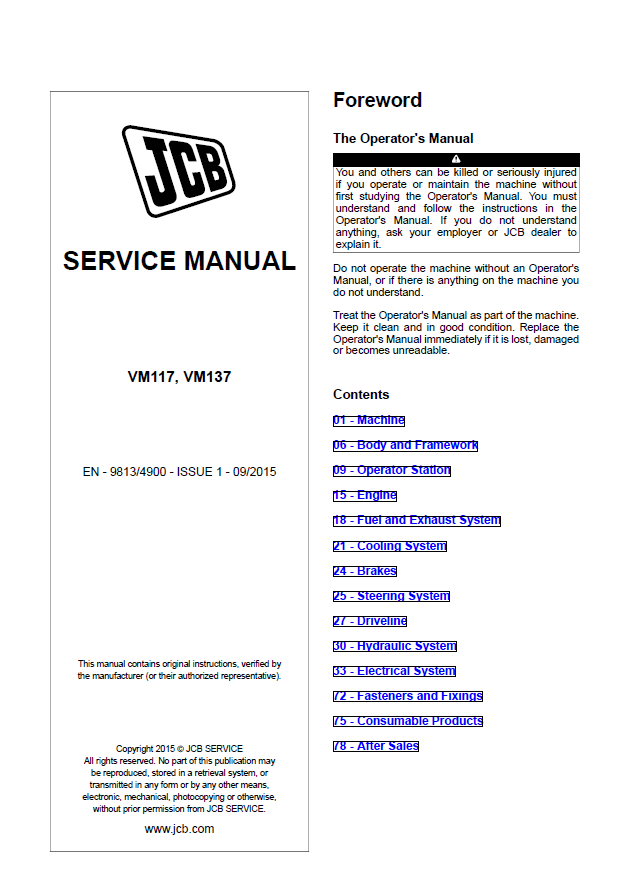 Manual de Reparación Vibrocompactador JCB VM117, VM137 Tier 2