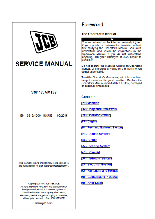 Manual de Reparación Vibrocompactador JCB VM117, VM137 Tier 2