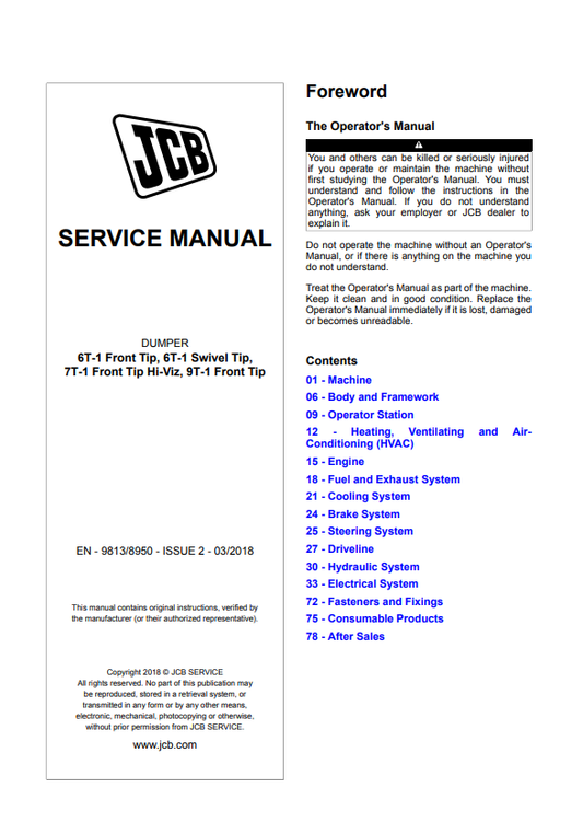 Manual de Reparación Volqueta de Punta Alta  JCB 6T-1, punta giratoria 6T-1, punta delantera de alta visibilidad 7T-1, punta delantera 9T-1