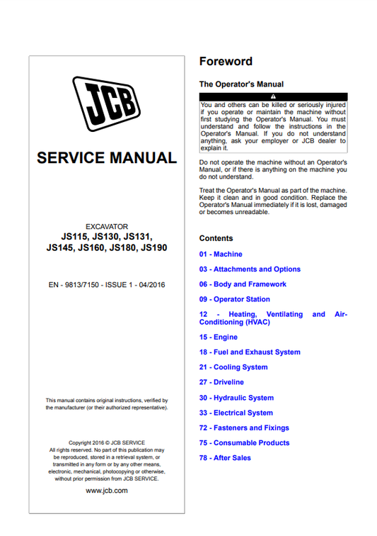 Manual de Servicios Excavadora JCB JS115, JS130, JS131, JS145, JS160, JS180, JS190