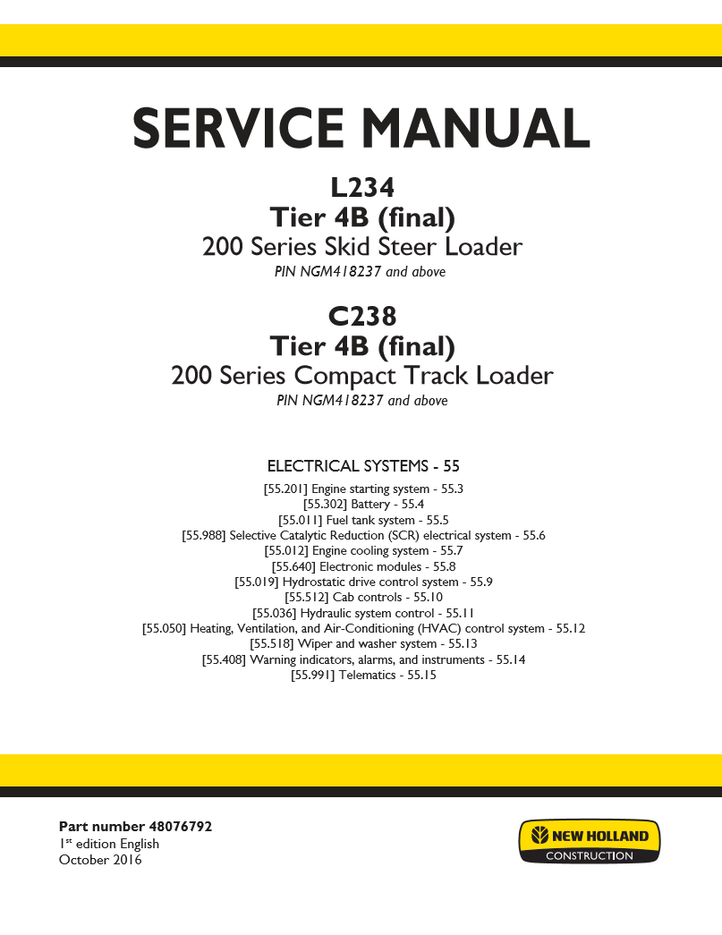 Manual de Servicios Minicargador New Holand L234 Tier 4B (final) 200 Series Skid Steer Loader, C238 Tier 4B (final) 200 Series