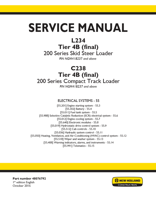 Manual de Servicios Minicargador New Holand L234 Tier 4B (final) 200 Series Skid Steer Loader, C238 Tier 4B (final) 200 Series
