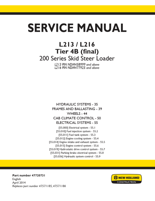 Manual de Servicios Minicargador New Holland L213, L216 Tier 4B (final) 200 Series