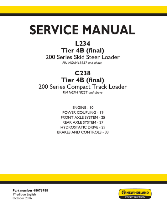 Manual de Servicios Minicargador New Holland L234 Tier 4B (final) 200 Series Skid Steer Loader, C238 Tier 4B (final) 200 Series