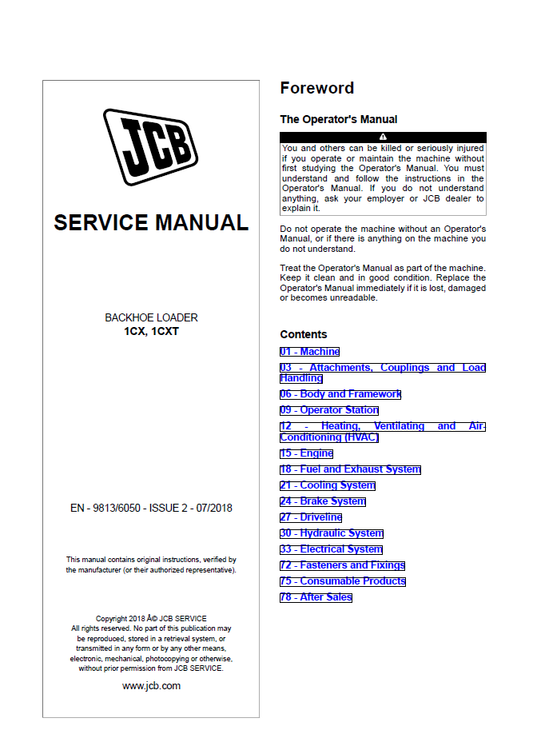 Manual de Servicios Retroexcavadora JCB 1CX, 1CXT