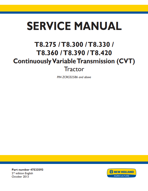 Manual de Servicios Tractor New Holland T8.275, T8.300, T8.330, T8.360, T8.390, T8.420