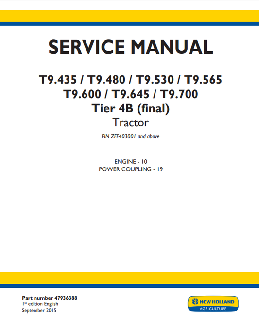 Manual de Servicios Tractor New Holland T9.435, T9.480, T9.530, T9.565, T9.600, T9.645, T9.700 Tier 4B