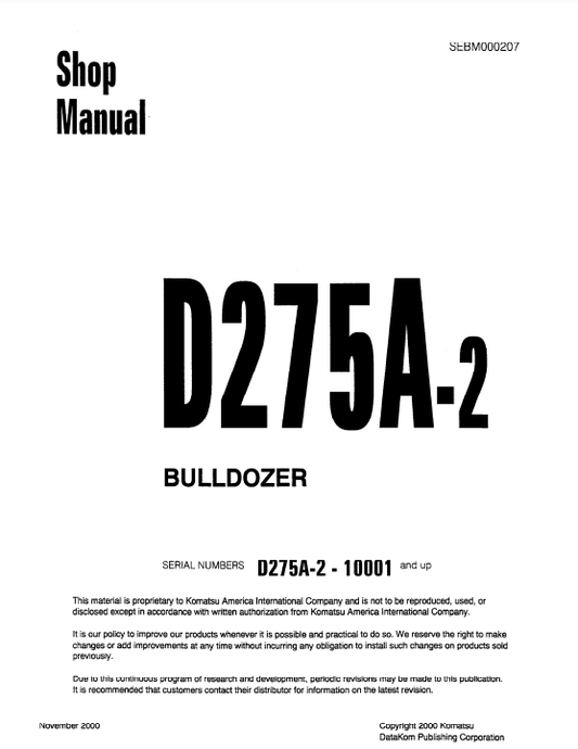 Manual de Taller Bulldozer Japones Komatsu D275A-2  S.N 10001-UP