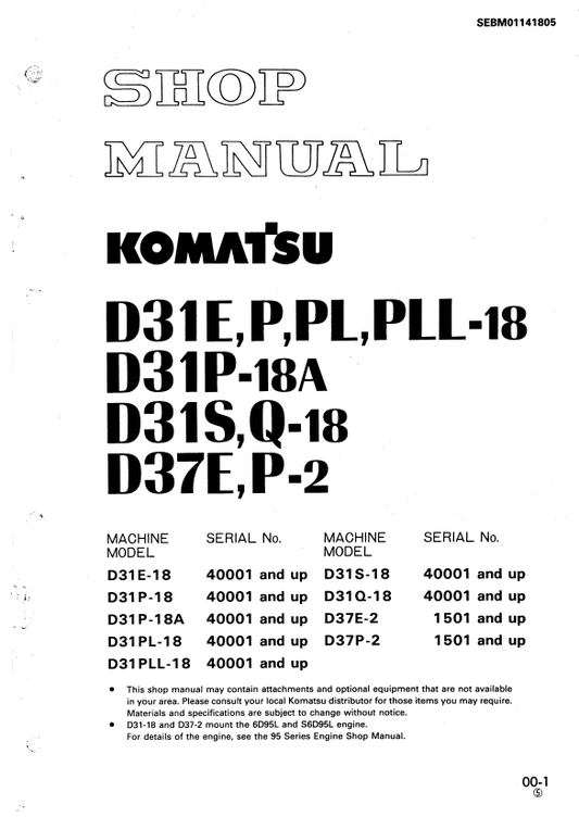 Manual de Taller Bulldozer Japones Komatsu D31E-18, D31P-18, D31S-18, D31Q-18 Series