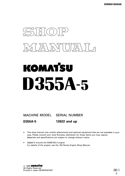 Manual de Taller Bulldozer Japones Komatsu D355A-5 Japan Bulldozer S.N 12622-UP