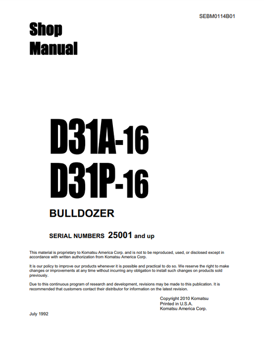 Manual de Taller Bulldozer Komatsu D31A-16 , D31P-16 S.N 25001-UP