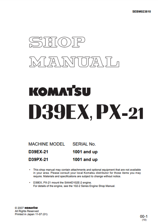 Manual de Taller Bulldozer Komatsu D39EX-21, D39PX-21 S.N 1001 y arriba