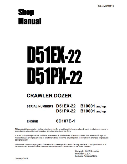 Manual de Taller Bulldozer Komatsu D51EX-22 , D51PX-22 Bulldozer S.N B10001-y arriba