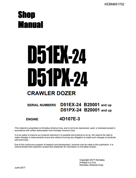 Manual de Taller Bulldozer Komatsu D51EX-24 , D51PX-24 Bulldozer S.N B20001-y arriba