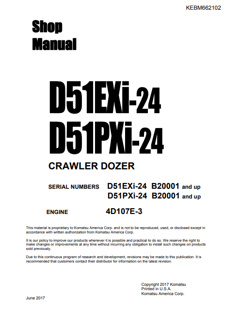 Manual de Taller Bulldozer Komatsu D51EXi-24 , D51PXi-24 Bulldozer S.N B20001-y arriba