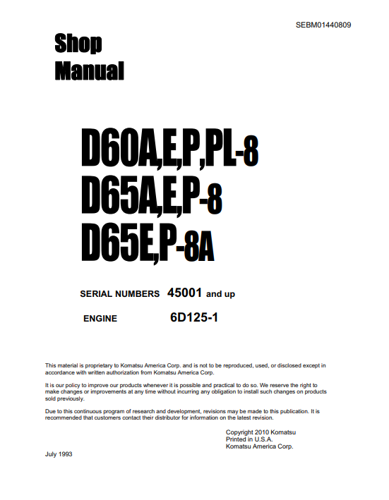 Manual de Taller Topadora Komatsu D60A-8, D60E-8, D60P-8, D60PL-8 Bulldozer S.N 45001 y arriba