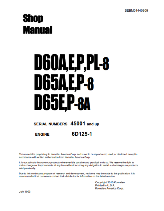 Manual de Taller Topadora Komatsu D60A-8, D60E-8, D60P-8, D60PL-8 Bulldozer S.N 45001 y arriba