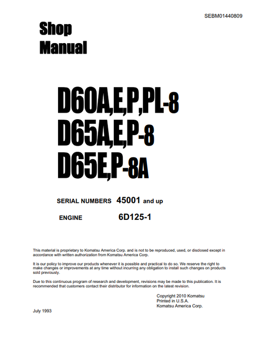 Manual de Taller Bulldozer Komatsu D65A-8, D65E-8, D65P-8  S.N 45001
