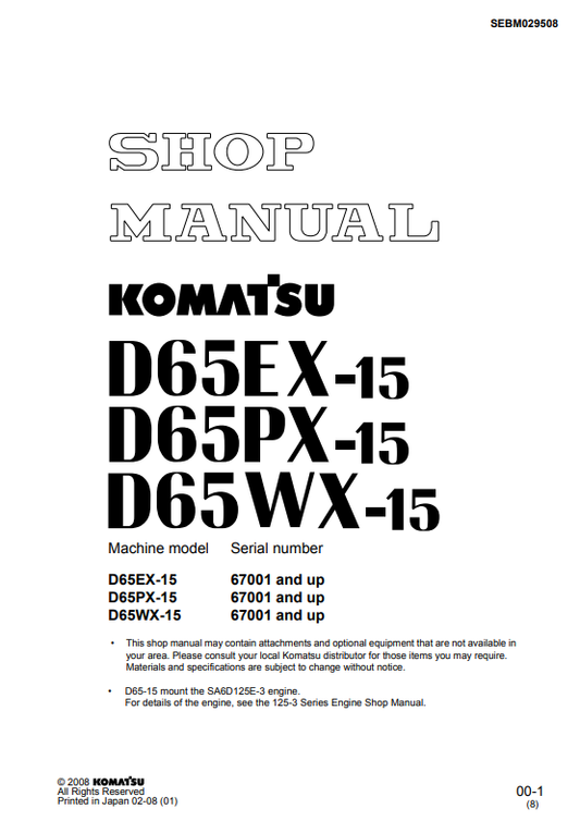 Manual de Taller Bulldozer Komatsu D65EX-15, D65PX-15, D65WX-15  S.N 67001