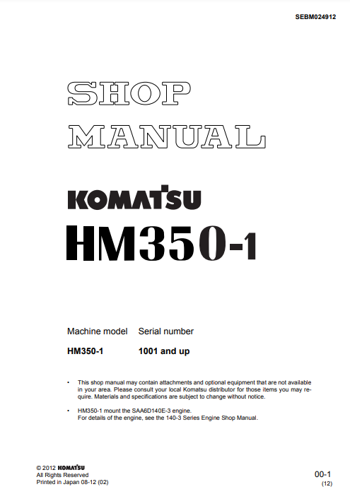 Manual de Taller Camión Japones Komatsu HM350-1  S.N 1001-UP