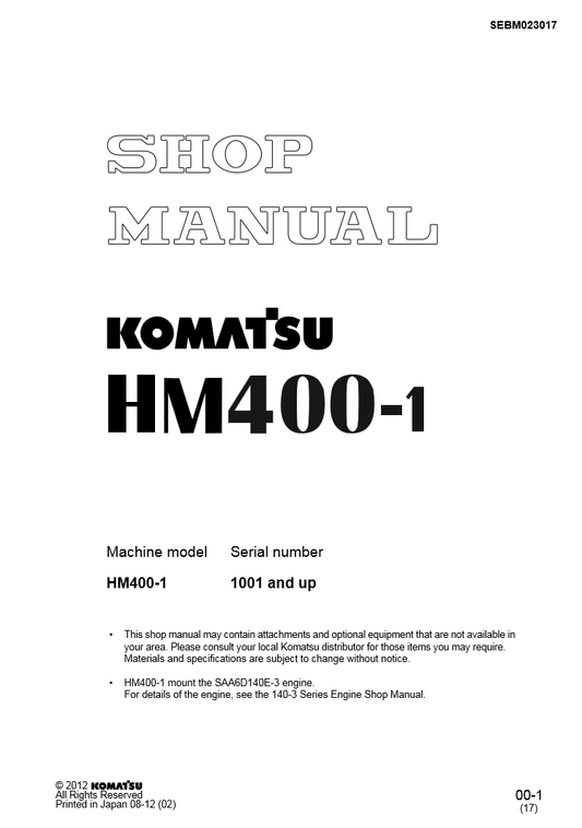 Manual de Taller Camión Japones Komatsu HM400-1  S.N 1001-UP
